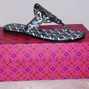 NEW Tory Burch Miller Welt Tumbled Leather Sandal-Navy Caning Logo Combo